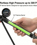 Effortless High Pressure Mountain Bike Shock Pump For Fork And Rear Suspension With 300 PSI, 0.6-inch barrel in use