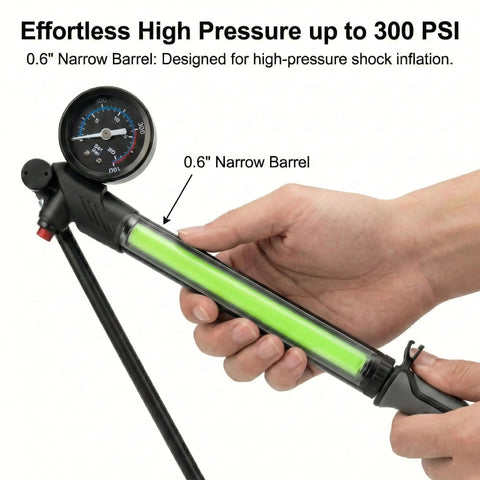 Effortless High Pressure Mountain Bike Shock Pump For Fork And Rear Suspension With 300 PSI, 0.6-inch barrel in use
