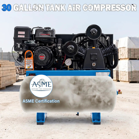 Get The 30 Gallon Gas Air Compressor With Powerful 14HP Engine And Electric Start. Delivering A Massive 31.8 CFM At 175 PSI Featuring A 420CC Motor And ASME Certified Tank For Heavy Duty Work
