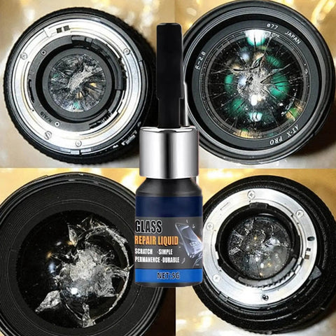 Bottle of Phone Scratch Remover and Glass Repair Liquid in front of cracked camera lenses