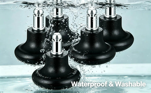 Set Of 5 Premium Bell Glides For Office Chair Caster Replacement, black glides submerged in water with chrome tops.