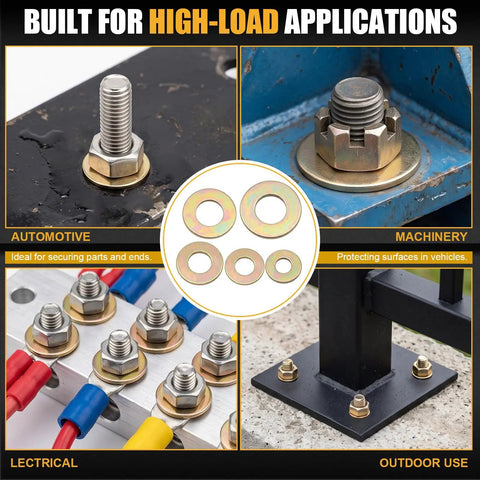 Heavy Duty Grade 8 SAE Flat Washer Set 150 Pcs Kit With 30 Pieces Each In Quarter Inch Five Sixteenths Inch Three Eighths Inch Seven Sixteenths Inch And Half Inch Alloy Steel Washers Built To Last Tough As Nails For DIY Auto Home Projects, washers in automotive, machinery, electrical, and outdoor use