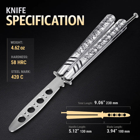 Balisong Trainer Knife Safe Practice Blade With Sure Spring Latch, Silver Stainless Steel Fidget Toy For CSGO Fans
