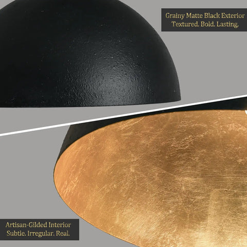 Close-up of Black Dome Pendant Light With Dope Gold Leaf Interior, 20 Inch Industrial Chandelier texture details