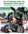Comparison of Premium 304 Stainless Steel Black Motorcycle Fairing Bolt Kit M5 And M6 Hex Head Fasteners and zinc bolts.