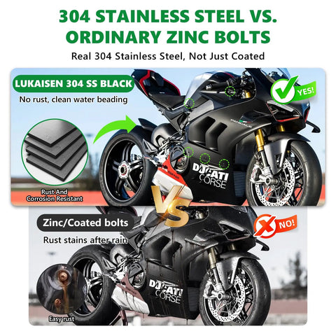 Comparison of Premium 304 Stainless Steel Black Motorcycle Fairing Bolt Kit M5 And M6 Hex Head Fasteners and zinc bolts.