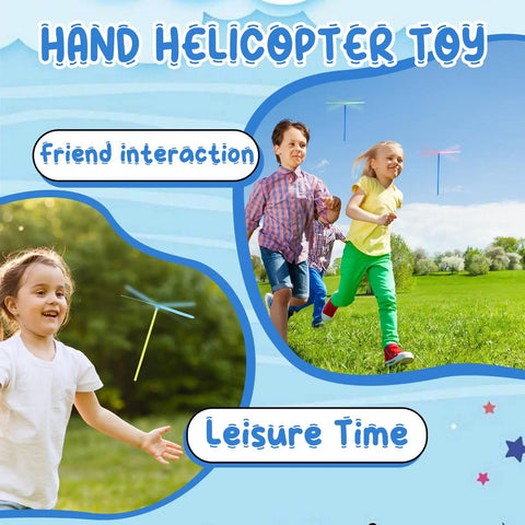 Kids playing with Flying Helicopter Toys Set With 50 Propellers And 50 Rods, outdoor fun for kids aged 4-8, safe plastic design.