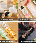 28 In 1 Sushi Making Kit With Roller And Bamboo Mats Bazooka Nigiri Gunkan Molds Musubi Maker Rice Ball Mold And More Easy Home Sushi Set For Beginners Ready To Roll Like A Pro with musubi mold, gunkan sushi mold, rice ball maker, and sushi cutting mold on display