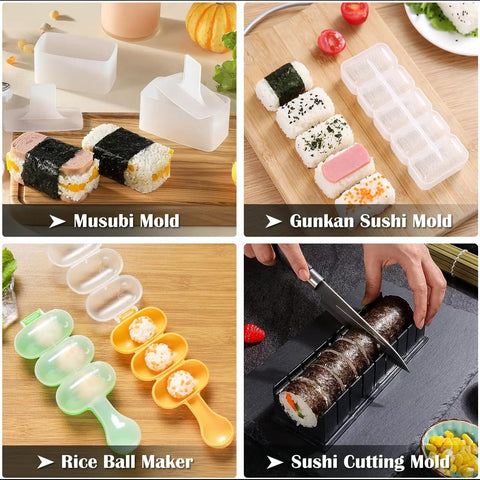 28 In 1 Sushi Making Kit With Roller And Bamboo Mats Bazooka Nigiri Gunkan Molds Musubi Maker Rice Ball Mold And More Easy Home Sushi Set For Beginners Ready To Roll Like A Pro with musubi mold, gunkan sushi mold, rice ball maker, and sushi cutting mold on display