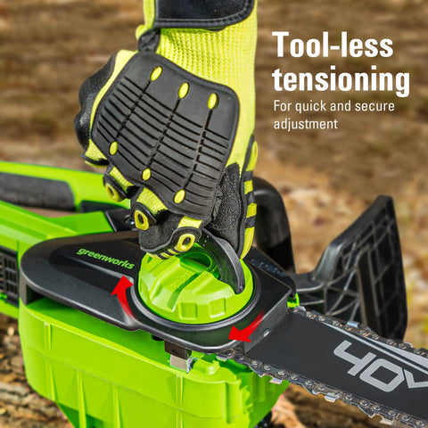 Person adjusting the toolless tensioning knob on a 40V Cordless 12 Inch Compact Chainsaw Tool Only For Storm Cleanup Pruning And Camping Homeowner Friendly With Low Kickback Chain Hand Guard Automatic Oiler And Toolless Tensioning For Easy Bar And Chain Adjustments
