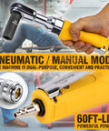 1/2-Inch Air Ratchet Wrench For Auto Maintenance And Repair, shown in hand demonstrating use with yellow housing, close-up insert