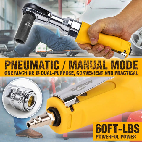 1/2-Inch Air Ratchet Wrench For Auto Maintenance And Repair, shown in hand demonstrating use with yellow housing, close-up insert