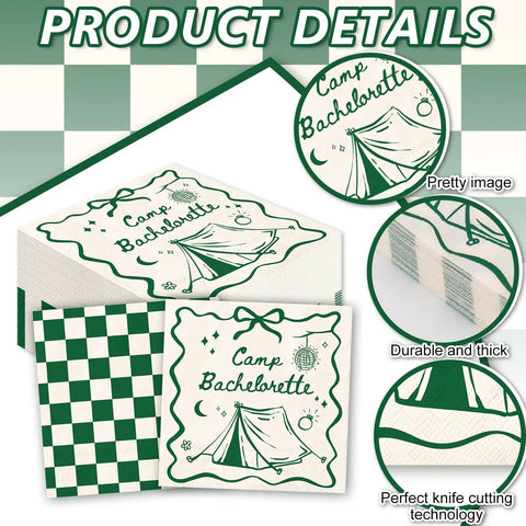 50 Pcs Camp Bachelorette Party Cocktail Napkins 3 Ply Disposable Paper Napkins Beige And Green Plaid Checkered Design