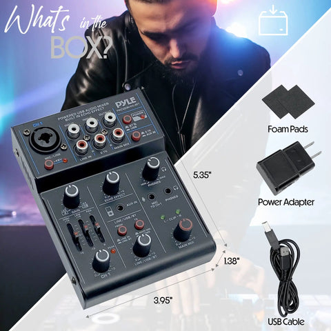 Image of a 3-Channel Dope Wireless DJ Mixer With Bluetooth 5.0 USB Audio Interface XLR And 6.35mm Mic Line And Guitar Inputs 3.5mm Mic Input RCA AUX Headphone Jack 48V Phantom Power PAD33MXUBT with a DJ and accessories.
