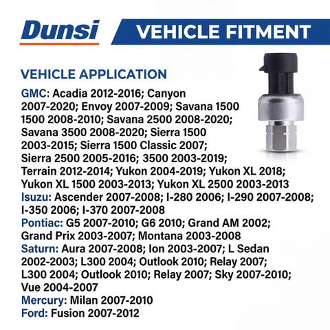 AC High Pressure Sensor Switch 13587668 for GM Buick GMC Saturn Chevrolet vehicle application chart and sensor image