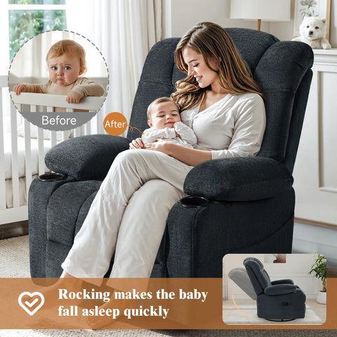 Woman and baby seated in Cozy Swivel Rocker Recliner Chair For Adults With Massage Heat And Vibration 360 Degree Glider Lounge Sofa