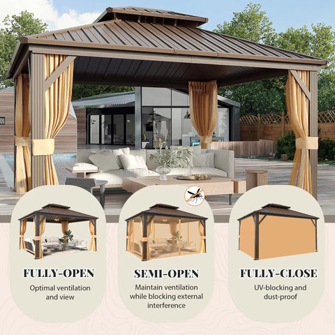 Sturdy 12 By 14 Ft Gazebo With Double Galvanized Steel Roof Aluminum Frame Curtains And Netting Included Outdoor Patio Pergola