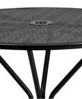 Rain flower top detail of Round Black Indoor Outdoor Steel Patio Table With Umbrella Hole And Rain Flower Designer Top For Outdoor Living Spaces, 35.25 Inch Diameter, Weather Resistant Finish, Dope Deck And Patio Essential