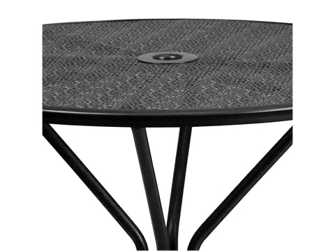 Rain flower top detail of Round Black Indoor Outdoor Steel Patio Table With Umbrella Hole And Rain Flower Designer Top For Outdoor Living Spaces, 35.25 Inch Diameter, Weather Resistant Finish, Dope Deck And Patio Essential