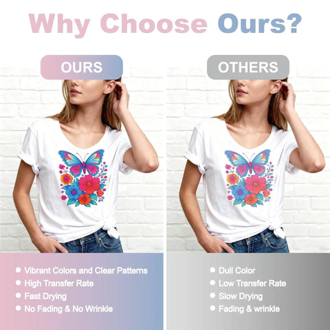 Comparison of two T-shirts with different transfer quality; left shows vibrant colors with Top Notch Sublimation Paper and right shows dull colors.