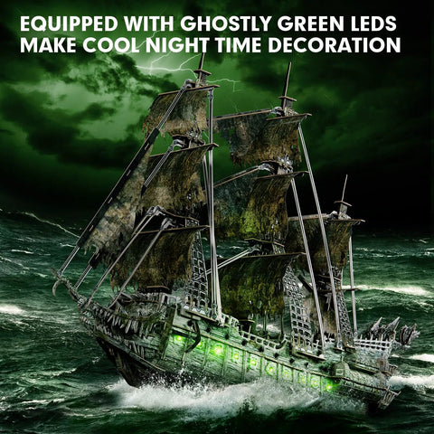 LED Flying Dutchman 3D Puzzle for Adults 360 Piece Ship Model with green LEDs on stormy sea, spooky ghost ship decor.