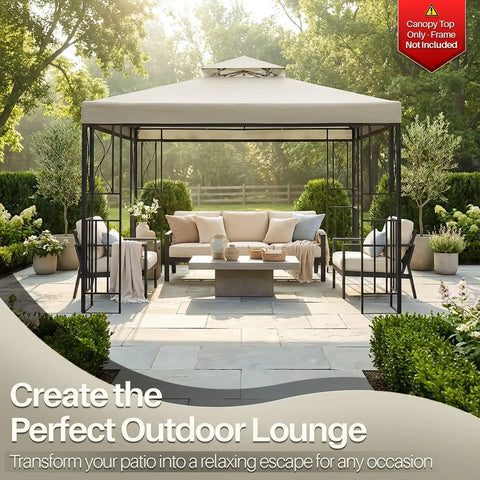 12x12 Ft Gazebo Replacement Canopy Top Double Tier Roof With UV30 Protection Water Dirt Resistant For Outdoor Use Sun Shade Patio Garden Pavilion Ivory Tough Weatherproof And Durable installed on a patio.