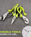 220-Piece Home Tool Set For DIYers And Weekend Warriors, pliers with bright green handles on a gray surface