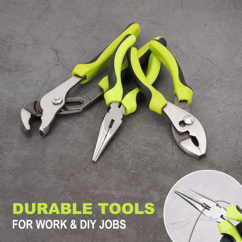 220-Piece Home Tool Set For DIYers And Weekend Warriors, pliers with bright green handles on a gray surface