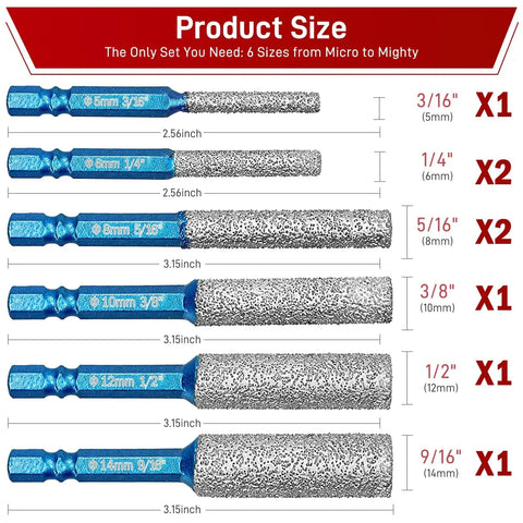 6 diamond drill bits with hex shanks, labeled by size, for 8-Pack Diamond Drill Bits For Ceramic Tiles 2-In-1 Drill And Mill With Built-In Cooling Wax Hex Shank Vacuum Brazed For Porcelain Glass Marble Granite Home DIY Renovation.