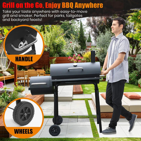Charcoal Grill Offset Smoker With Built In Thermometer And Adjustable Air Vents for grilling on patio with wheels and handle