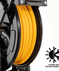 Close-up of Premium Steel Retractable Air Hose Reel With Dual Arm Three Eighths Inch By Sixty Five Feet Hybrid Polymer Hose