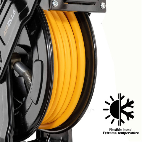 Close-up of Premium Steel Retractable Air Hose Reel With Dual Arm Three Eighths Inch By Sixty Five Feet Hybrid Polymer Hose
