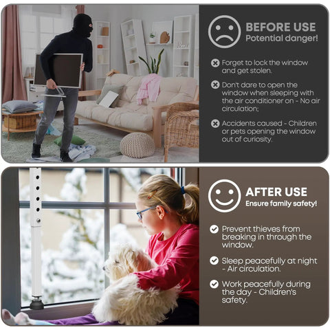 Adjustable Inside Window Security Bar For Horizontal And Vertical Sliding Windows Extends 11 To 18 Inches White Finish Easy Install In Window Lock Bar That Keeps Sliding Windows Secure While Allowing Air Flow, shown preventing break-in and allowing safe airflow.