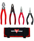 Screw Extractor Pliers Tool Set Four Piece Pro Grade Heavy Duty Pliers Kit With High Carbon Steel Made In Japan displayed with pouch