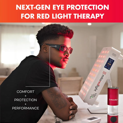 Next Gen Red Light Therapy Glasses Extra Dark Ir5 Lenses Shield Peepers With Near Infrared Light for Ageless Glow Vibe worn during treatment.