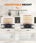 Heavy Duty 5 Tier Food Dehydrator Machine With 48 Hour Delay Timer And Easy Spin Dials showcasing adjustable height and rotation.