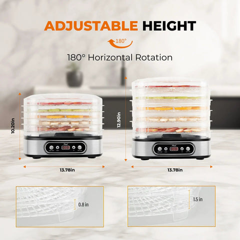 Heavy Duty 5 Tier Food Dehydrator Machine With 48 Hour Delay Timer And Easy Spin Dials showcasing adjustable height and rotation.