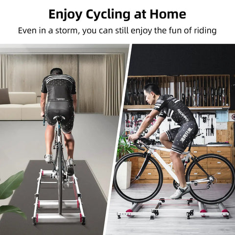 Cyclist using an indoor bike roller trainer with parabolic rollers on foldable aluminum stand at home gym