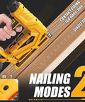 Smooth Operator 3 In 1 Cordless Brad Nailer Compatible With Dewalt 20V Max Battery Tool Only showing nailing modes on wooden surface.