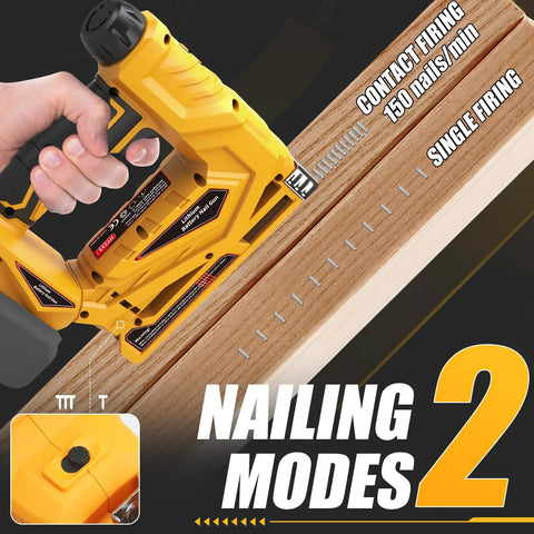 Smooth Operator 3 In 1 Cordless Brad Nailer Compatible With Dewalt 20V Max Battery Tool Only showing nailing modes on wooden surface.