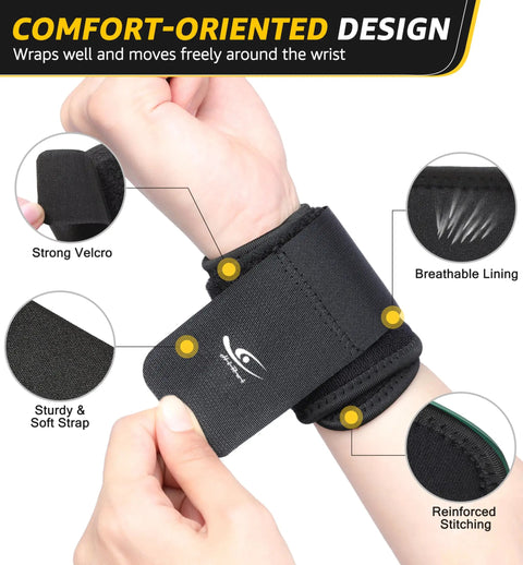 Two Pack Wrist Compression Straps with adjustable Velcro, breathable lining, and reinforced stitching for comfort-oriented support