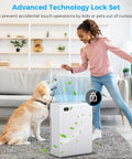 Woman and dog near air purifier with lock feature in living room, H13 True HEPA Replacement Filter For E 300L Air Purifier 3 In 1 Filtration System.
