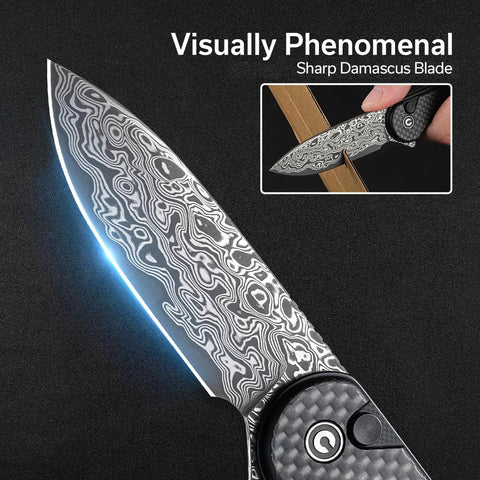 Elementum II Folding Pocket Knife With 2.96 Inch Damascus Blade And Carbon Fiber Handle, Slick Flipper Action With Ceramic Ball Bearing Pivot, Button Lock, Everyday Carry Ready For Daily Tasks, close-up blade