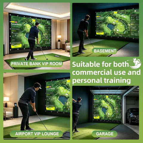 10x10 Ft Golf Simulator Impact Screen With Heavy Duty Hitting Border in various indoor setups for golf training