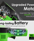 Close-up of 12V Cordless Hedge Trimmer And Grass Shear motor and battery, showing 2600 RPM speed and 2000mAh capacity.