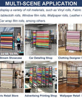 Heavy Duty Garage Mobile Vinyl Wrap Organizer Rack Featuring Adjustable Multi Tier Metal Frame And Smooth Rolling Lockable Casters in various shop scenes.