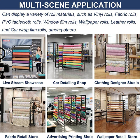 Heavy Duty Garage Mobile Vinyl Wrap Organizer Rack Featuring Adjustable Multi Tier Metal Frame And Smooth Rolling Lockable Casters in various shop scenes.