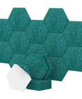 12 Pack Turquoise Hexagon Acoustic Panels High Density Foam Wall Tiles arranged on a wall for sound dampening and echo reduction.