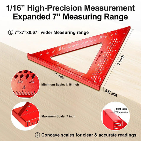 Beefy 7 Inch Carpenter Square With One Sixteenth Inch Precision Hole Scribing, 0 To 90 Degree Aluminum Alloy Rafter Square
