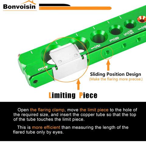 Green tool with limit piece and sliding position design on Tough As Nails Ratchet Flaring Tool Kit for copper and aluminum piping.